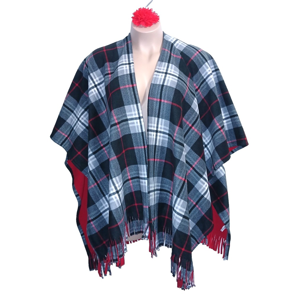 Martha Stewart Plaid Fleece Cape Shawl Women One Size Red Black Fringe Checker